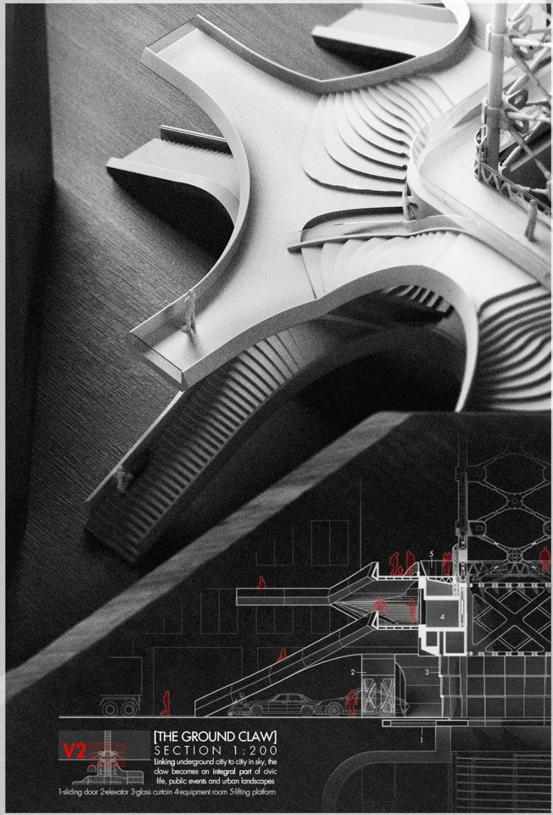 The Ground Claw links underground infrastructure, street activity, and elevated circulation within the modular city system.