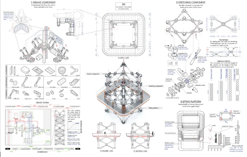 Mechanical transport components illustrate how adaptable modules can move vertically through the city framework.