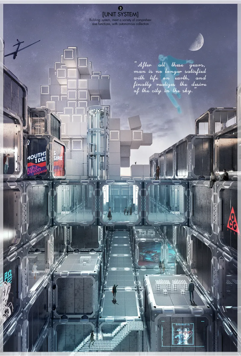 Flexible living units form a futuristic city in the sky, designed for changing functions and evolving urban needs.