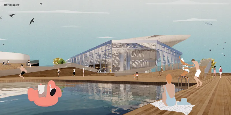 Rendering of the waterfront pavilion with glass walls and timber deck alongside bathers and birds