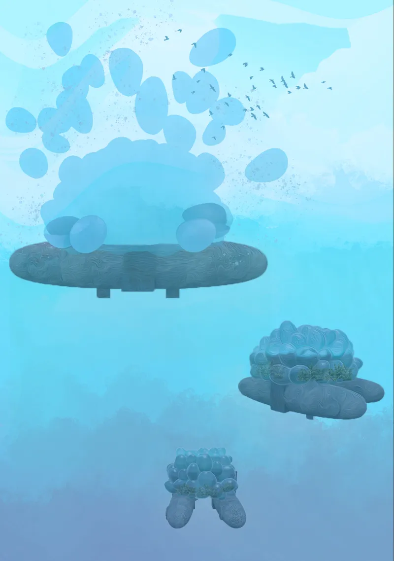 Sectional diagram of stacked floating platforms supporting spherical units dispersing into the air above