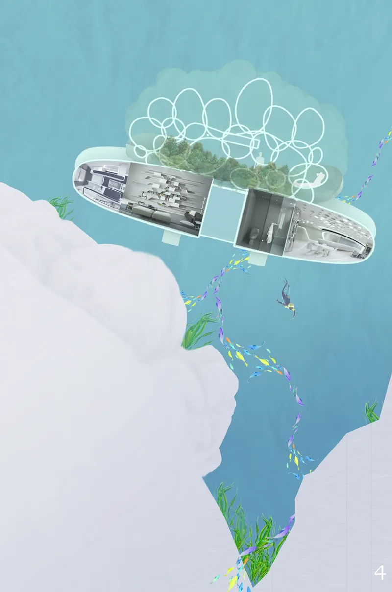 Axonometric drawing of an oval floating platform with interior spaces and rooftop garden between rocky shores