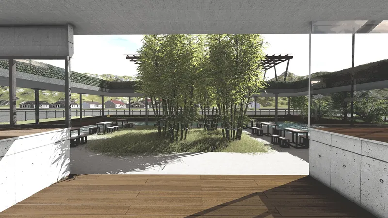Central bamboo courtyard creates a calm transition between interior dining and landscaped open space.