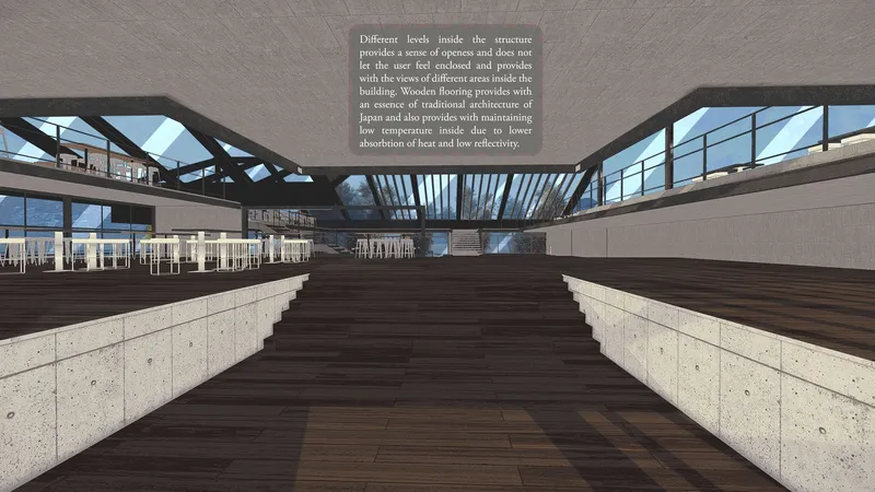 Layered interior levels, timber flooring, and open views create a spacious and connected dining environment.