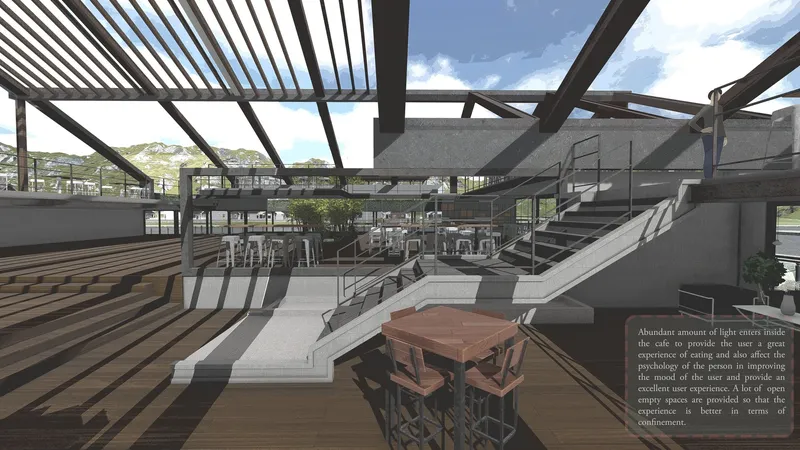 Water, bamboo, and shaded seating combine to form an immersive biophilic dining courtyard.