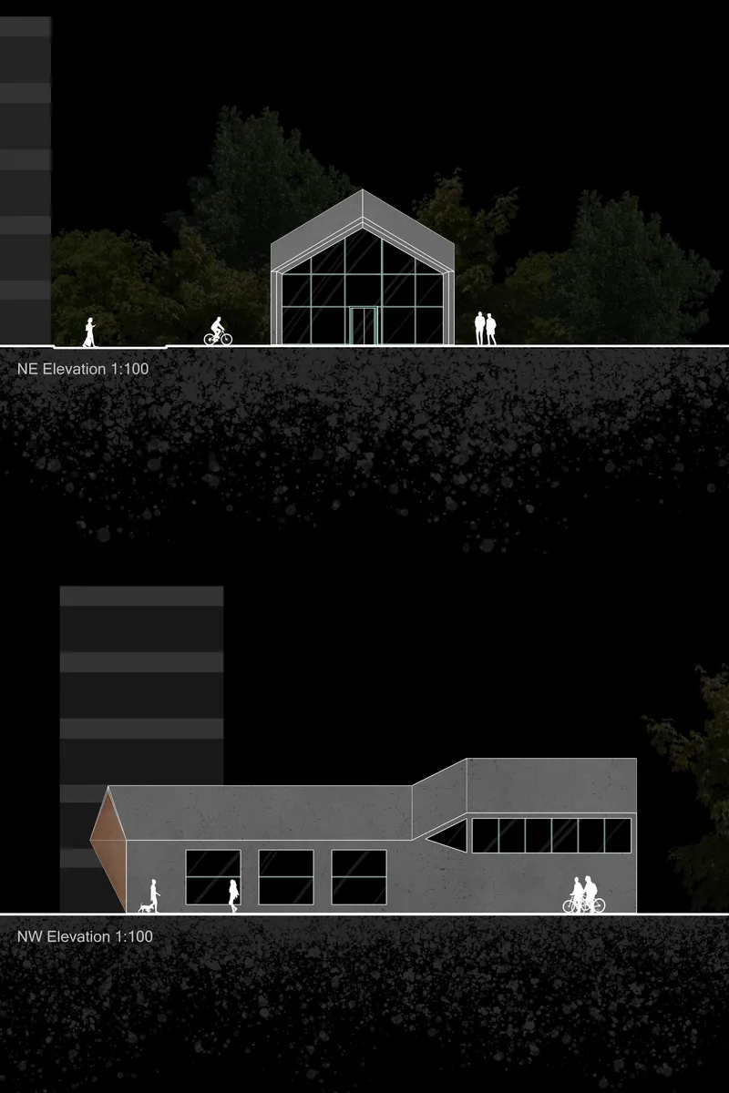 Elevation study highlighting the gabled glass façade and calm street presence.