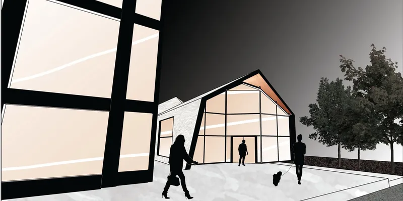 Exterior perspective showing the café’s transparent entrance and home-like gable form.