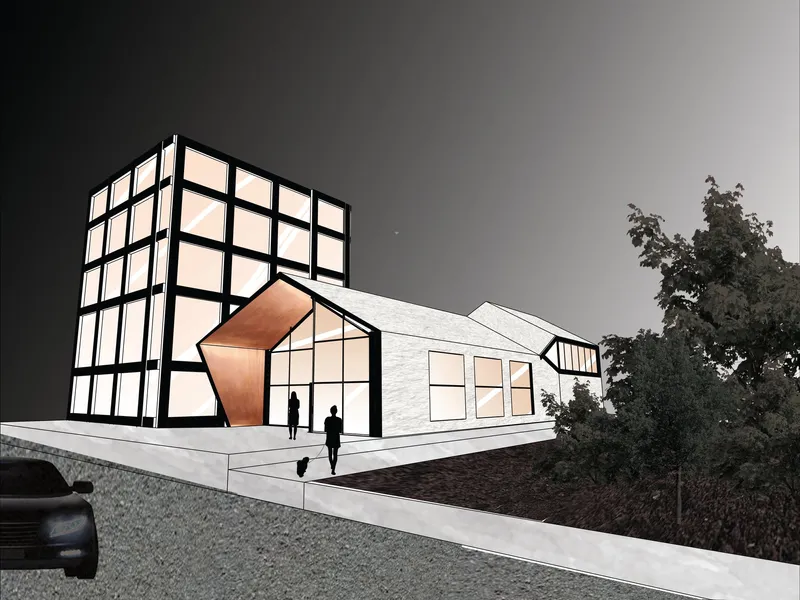 Street view of the Coffee House with glass volumes, copper accents, and surrounding landscape.