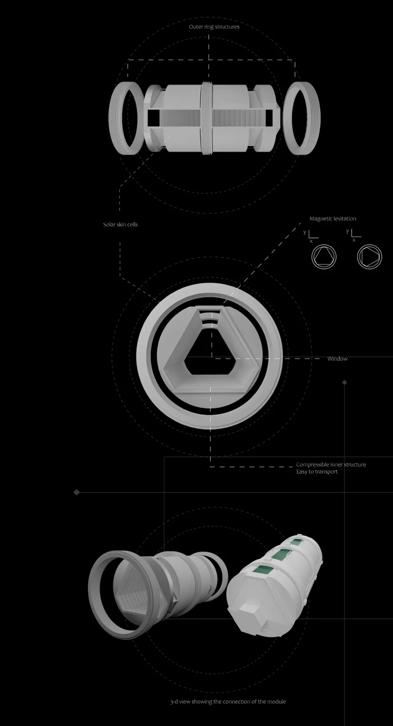 Modular habitat structure with detachable components and magnetic levitation.