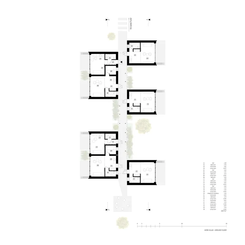 Floor plan drawing showing residential units arranged in a linear stepping configuration with trees between
