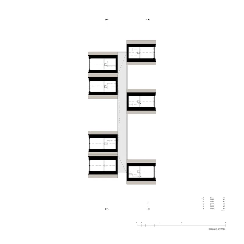 Elevation drawing showing staggered residential units with flat roofs at varying heights