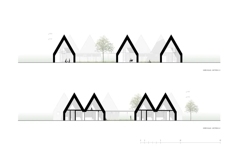 Elevation drawings showing house-shaped volumes with pitched roofs and figures under scattered trees