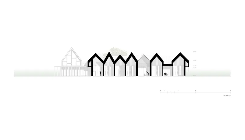 Elevation drawing depicting a row of connected gabled volumes with glazed facades and human figures