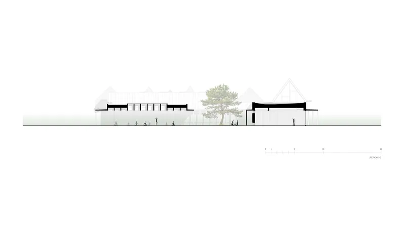 Elevation drawing showing low horizontal volumes with colonnade and mature tree beside gabled structures