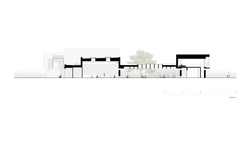 Section drawing revealing interior spatial relationships across volumes with central tree and scattered figures