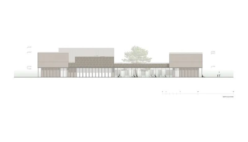 North elevation drawing showing a horizontal composition of solid volumes and vertical screens with figures and a tree