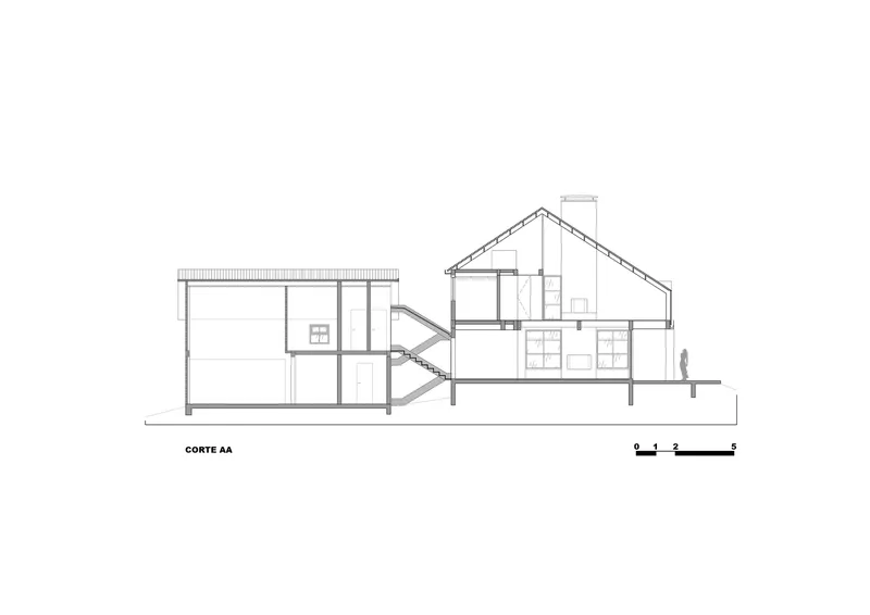 Section drawing showing two connected volumes with pitched roofs and a diagonal linking element
