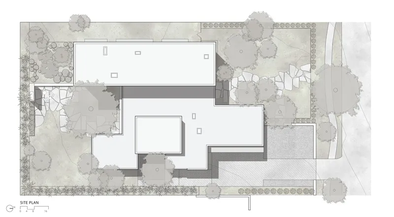 Site plan drawing showing the building footprint, pool, paved areas and surrounding tree canopy