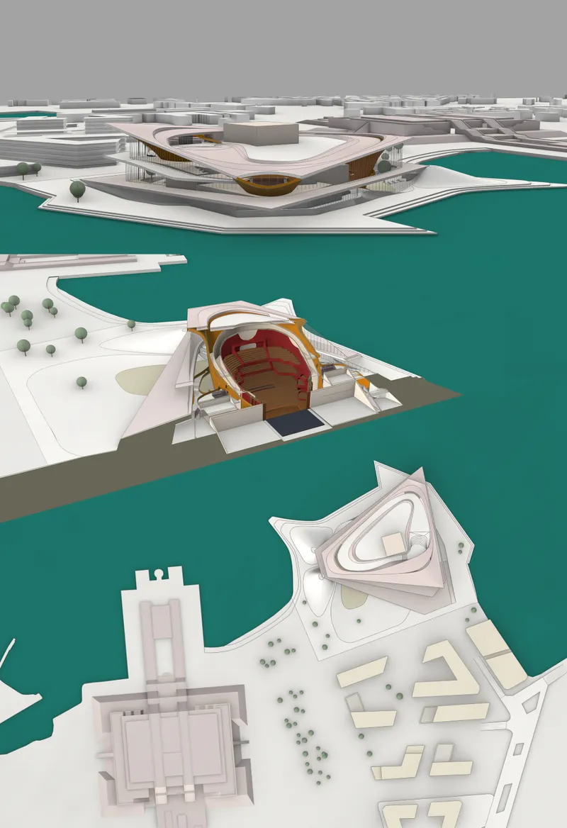Layered waterfront form revealing the opera house’s sculptural auditorium and public landscape