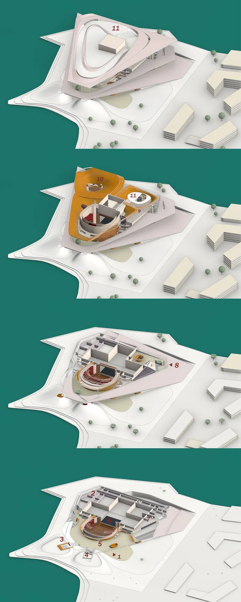 Exploded program study showing the stacked triangular levels, auditorium, studios, and rooftop spaces