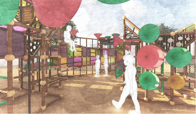 Open frames, shaded platforms, and sensory panels create flexible zones for active and imaginative play