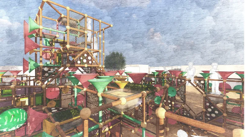 A dense network of platforms, trumpets, and pathways forms a playful landscape of sound, light, and discovery.