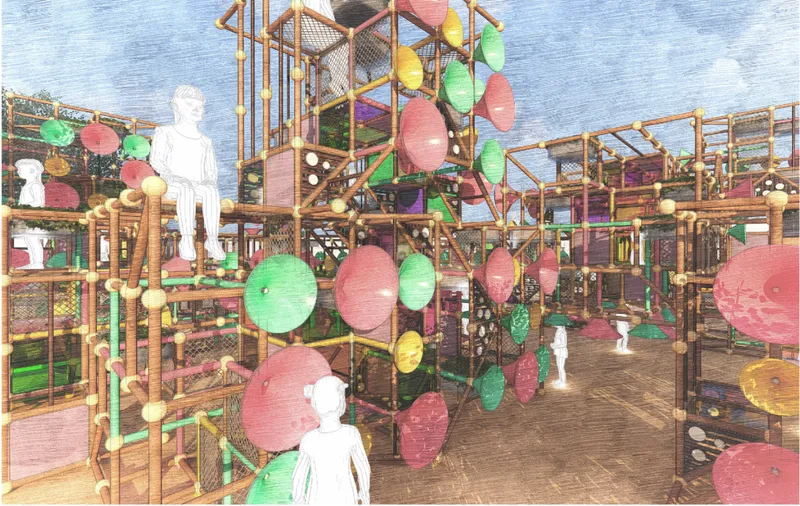 A vibrant modular playground creates layered spaces for climbing, gathering, and sensory exploration