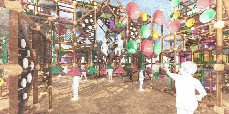 Colorful acoustic elements animate the play structure while encouraging movement, communication, and interaction