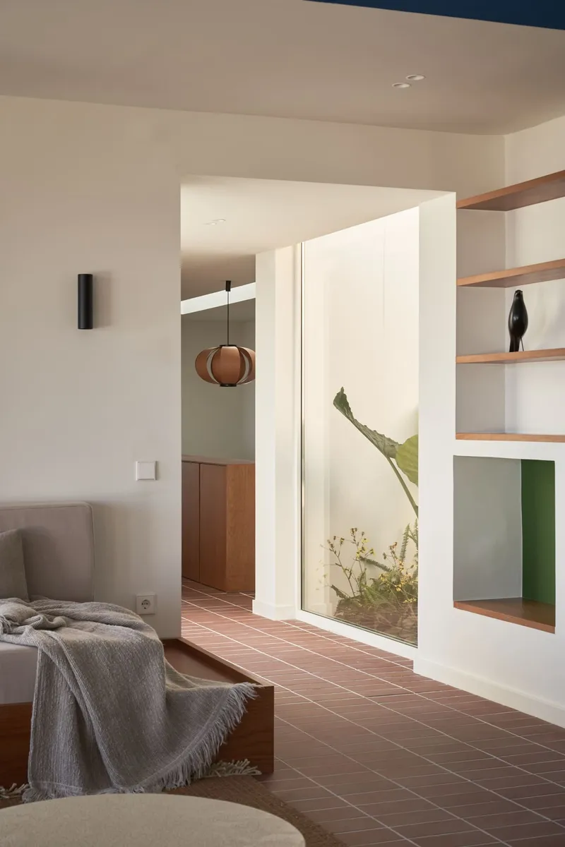 Framed view through a white portal into a glazed courtyard with planted cactus and timber cabinetry