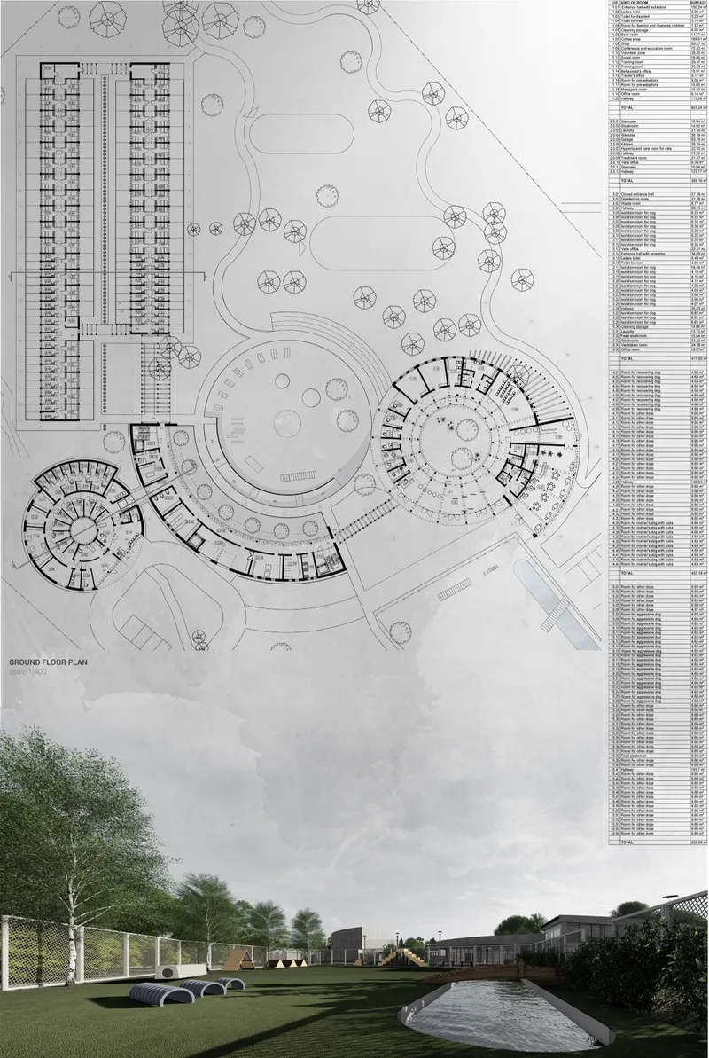 Ground floor plan drawing showing circular building volumes with courtyards and linear residential blocks among trees