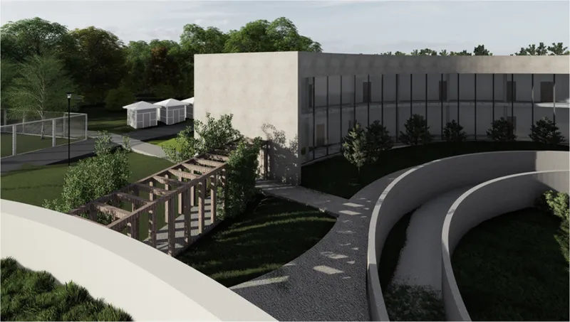 Aerial view of curving green roofs and timber pergola structure with rectilinear glass building beyond