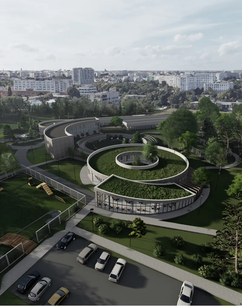Elevated view of the spiraling vegetated rooftop terraces with residential neighborhood in the background