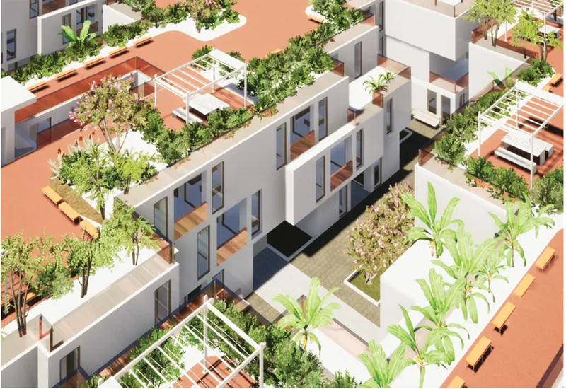 Green terraces and shaded pergolas create intimate outdoor spaces between residential volumes.