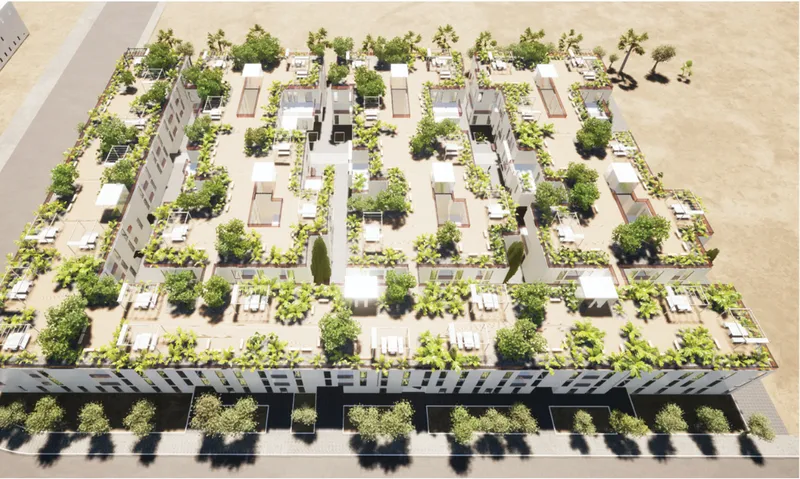 Aerial perspective highlights the extensive green roof network integrated across the residential complex.