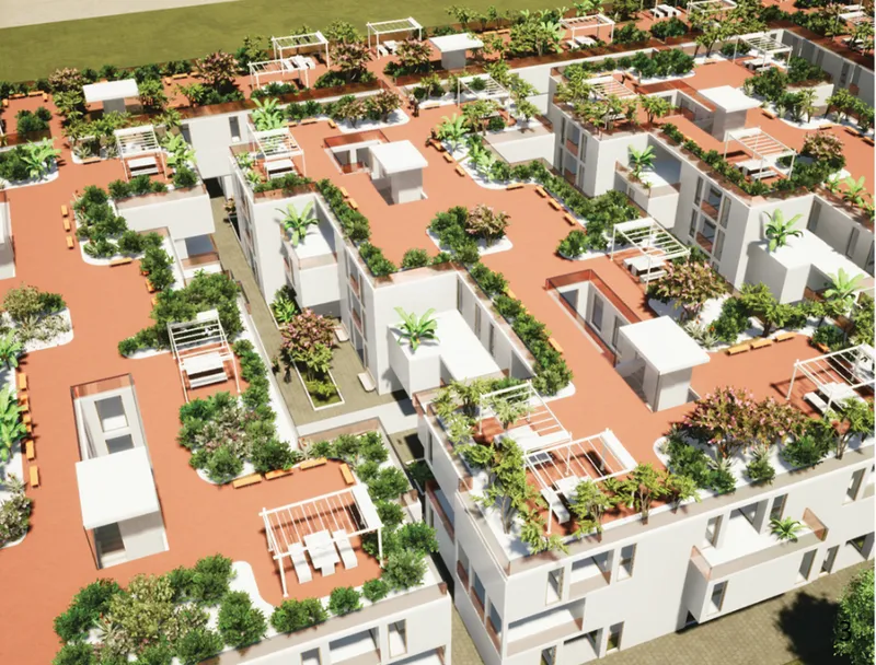 Rooftop gardens, terraces, and gathering spaces transform the development into an elevated neighborhood landscape.