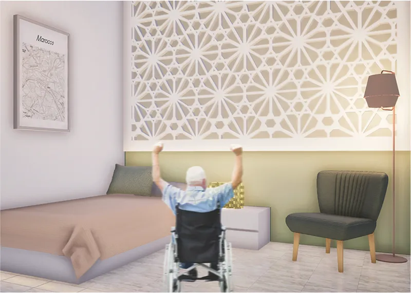 Accessible senior bedroom with Moroccan-inspired patterns and a calm, home-like atmosphere