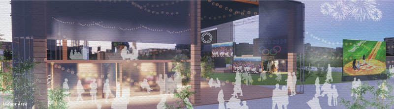 Indoor and outdoor spaces merge through soft lantern lighting, transparent volumes, and shared sports-viewing experiences.