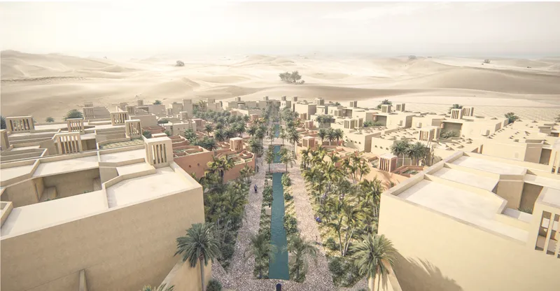Palm-lined green corridors shape a sheltered desert community.