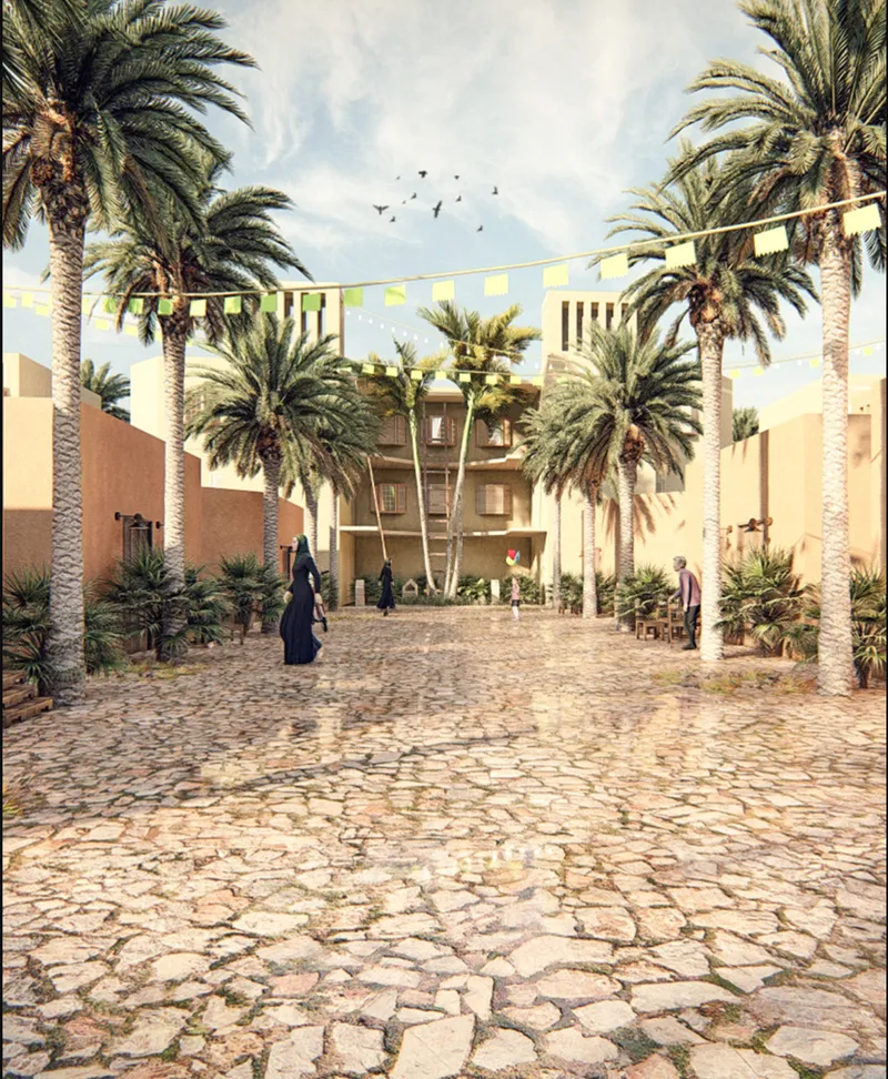 A shaded courtyard becomes the social heart of the centre.