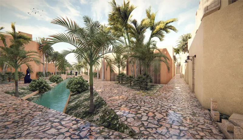 Water channels and vegetation cool the pedestrian streets.