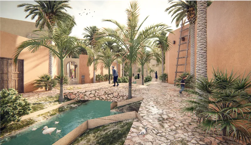 Courtyard water, palms, and paths support daily community life.