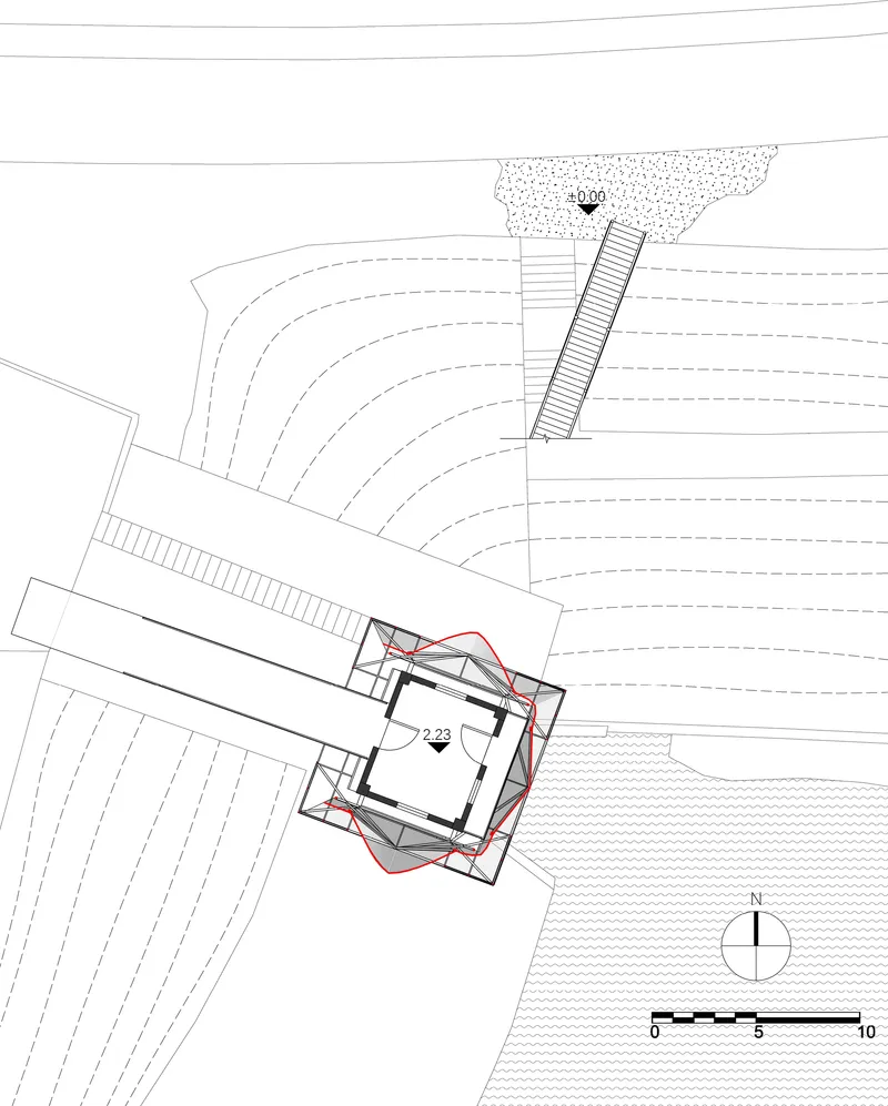 Site plan drawing showing a central square pavilion with two linear structures and contoured topography