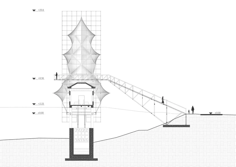 Section drawing showing the tower structure with ramped access connecting to a hillside with pedestrians