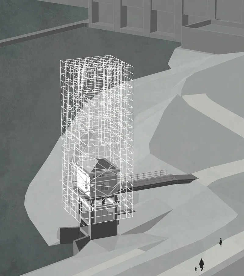 Axonometric rendering of a wireframe tower enclosing sculptural interior volumes on a landform with pedestrians