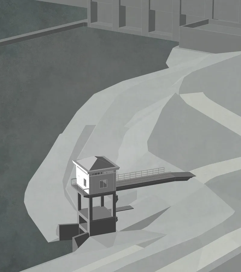 Aerial rendering of an elevated pavilion on stilts nestled within a curved landform beside water