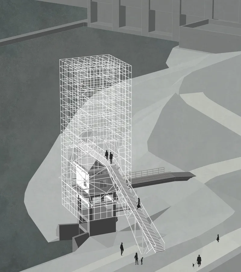 Axonometric view showing a wireframe tower enclosing a staircase and elevated pavilion with visitors below