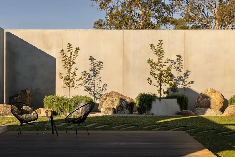 Courtyard garden with concrete planter boxes holding young trees casting shadows on high concrete walls