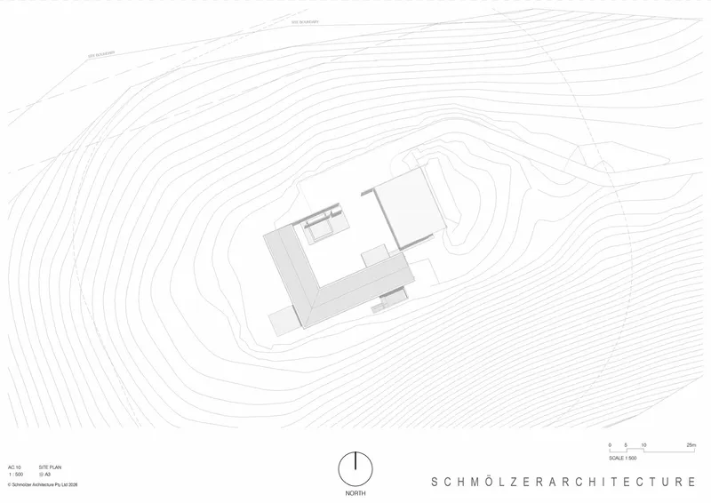 Site plan drawing showing topographic contours wrapping around a compound of rectangular volumes