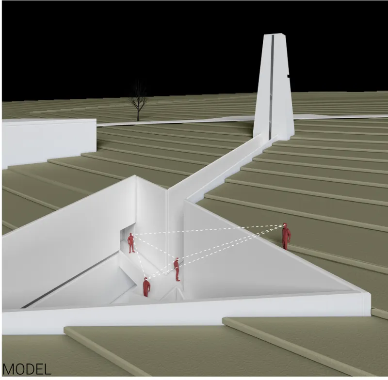 Physical model showing how the winery is carved into the vineyard terrain with a tower as landmark.