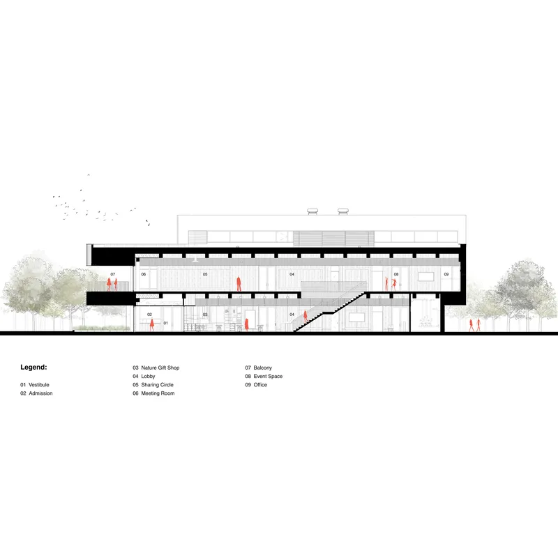 Building section drawing revealing a central staircase connecting multiple interior levels between trees